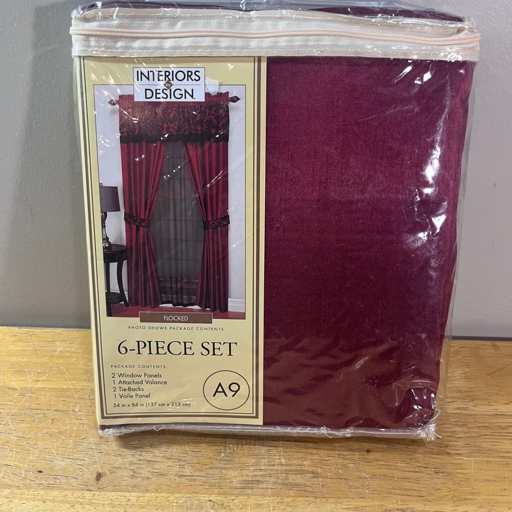 Interiors by Design Curtain Set 54x84 Burgundy Red Flocked Damask 6pc A9